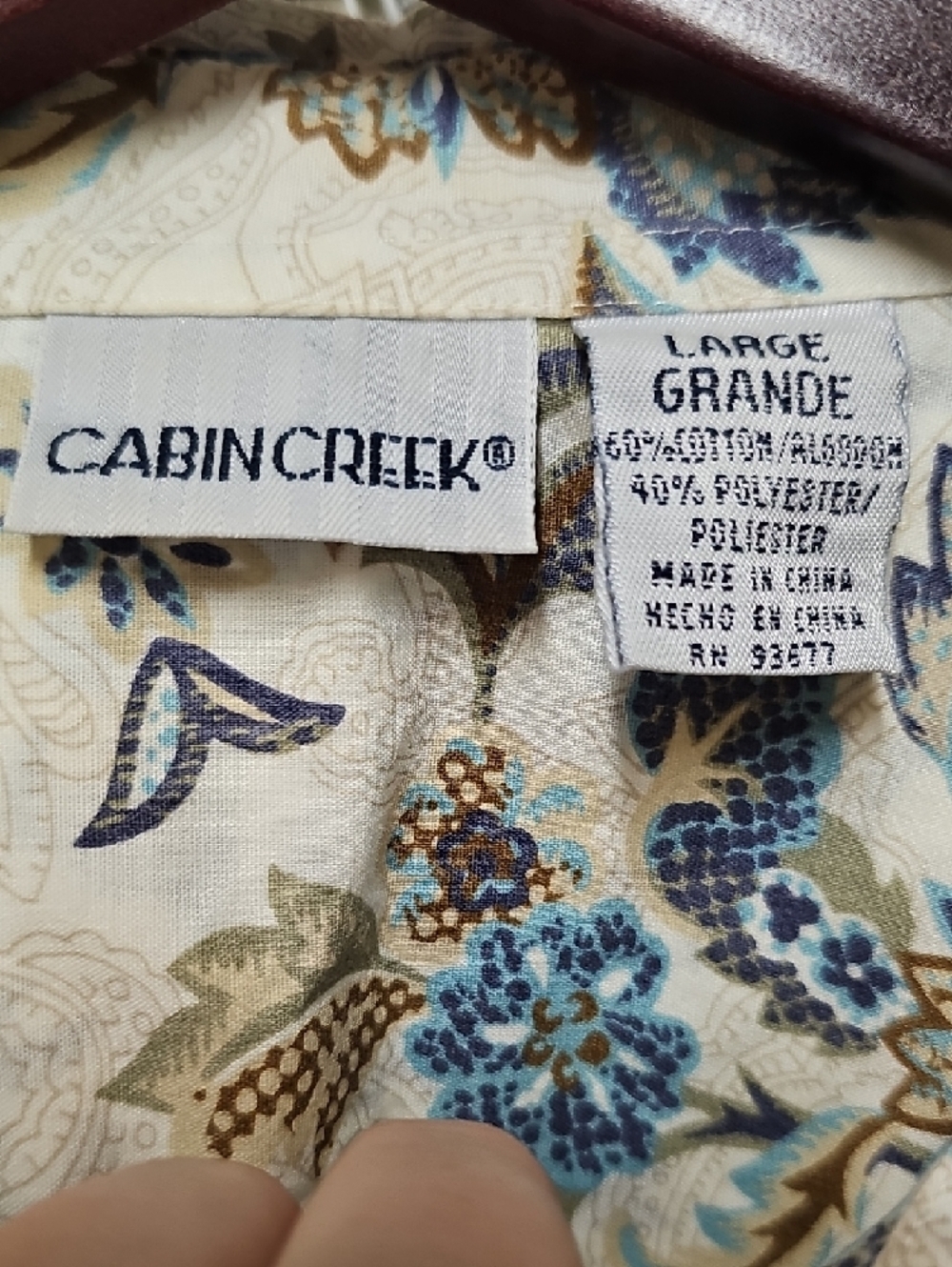 EUC Cabin Creek Cream Long-Sleeve Button-Up with Blue Brown Floral Print Sz L - Picture 2 of 7